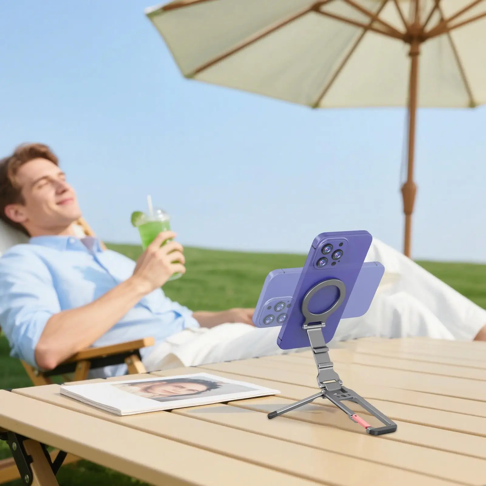 Magnetyczny statyw do telefonu, podróżny, składany uchwyt magnetyczny, podstawka do telefonu do selfie, nagrywania wideo, tworzenia zawartości, filmowania, na siłownię, w podróży.