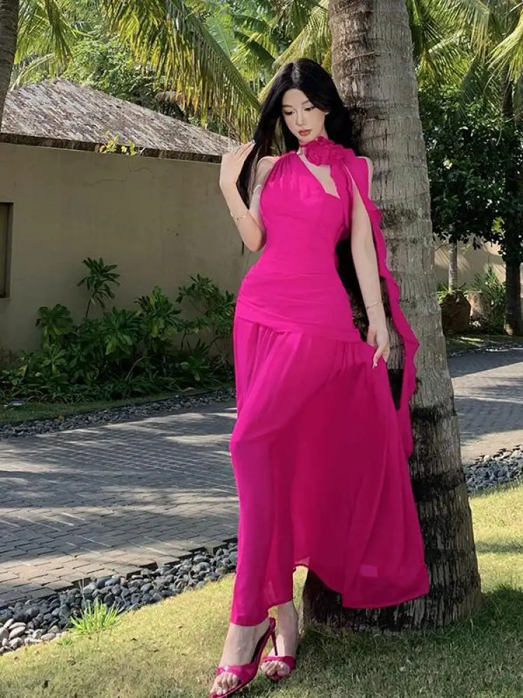 

New Women Red Slanted Shoulder Sexy Backless Pleated Long Dress Summer Rose Red High Waist Slim Elegant Holiday Party Dress 2025