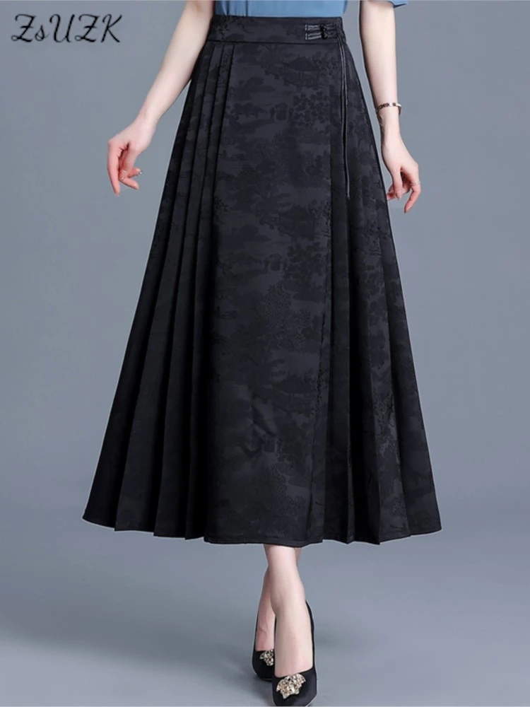 ZUZK Spring Summer Jacquard Improved Horse Face Skirt Chinese Traditional Hanfu Costume Vintage Pleats Skirt Elastic Waist 