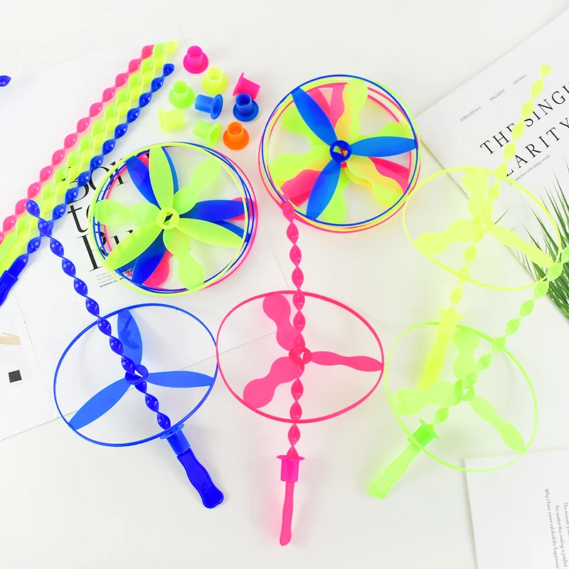 10Pcs Twisty Flying Saucers Assorted Colors Helicopters Kids Outdoor Bamboo Dragonfly Plastic Handle UFO Toy Fairy Flying Saucer