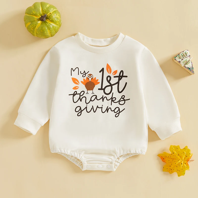 

Suefunskry Baby Thanksgiving Sweatshirt Romper Letter Turkey Print O-Neck Long Sleeve Fall Jumpsuits