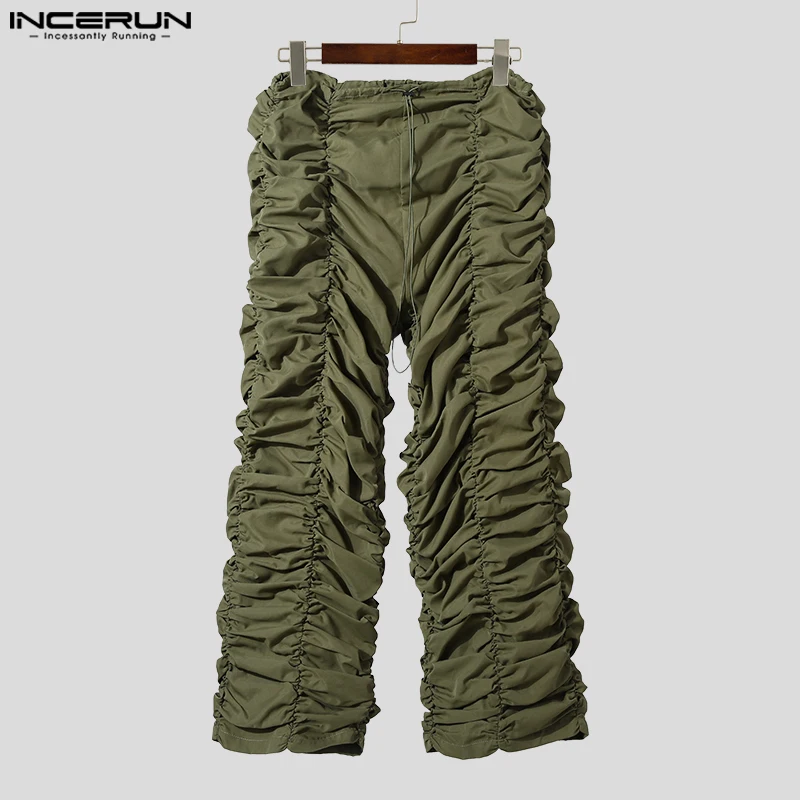 INCERUN-pantalones de estilo americano para hombre, ropa de calle informal con diseño de cordón, plisado sólido, largo, S-5XL, 2023