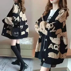 Women Cute Sweaters Print V Neck Jumpers Knitted Button Loose Casual Maxi Single Breasted Thick Cardigan Coats Autumn Winter