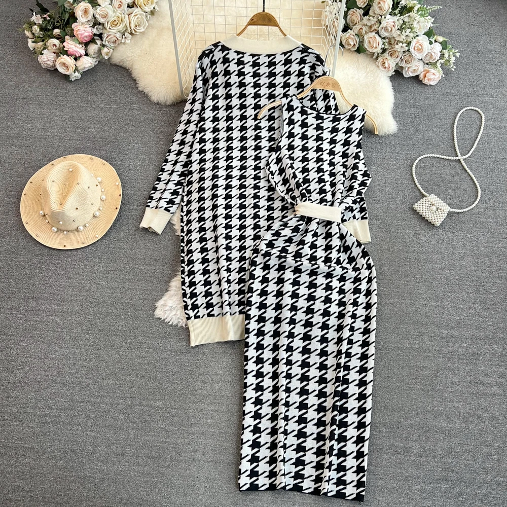 ALPHALMODA 2024 V-neck Single Breasted Houndstooth Knit Jacket + Belted Tank Dress Women 2pcs Elegant Suit