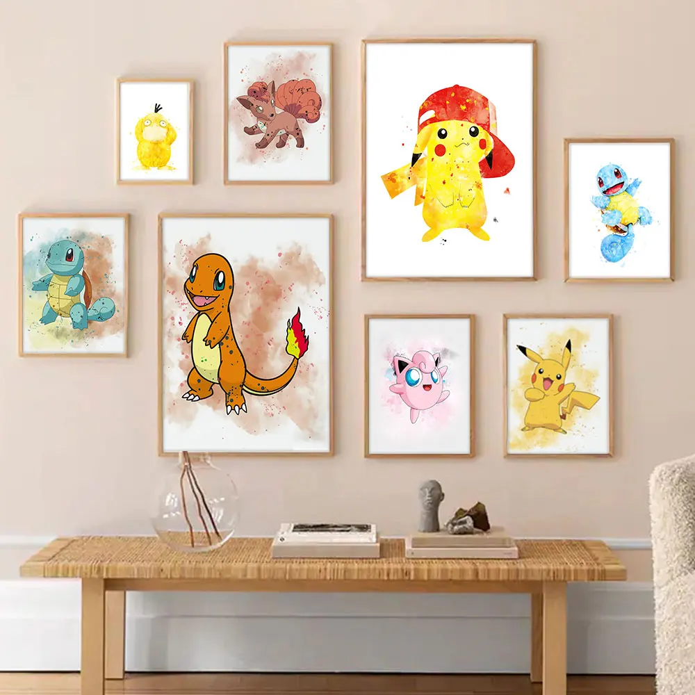 Póster de Pokémon de Anime, pintura en lienzo vintage, arte de pared, acuarela, imagen Kawaii, mural para decoración de dormitorio de niños