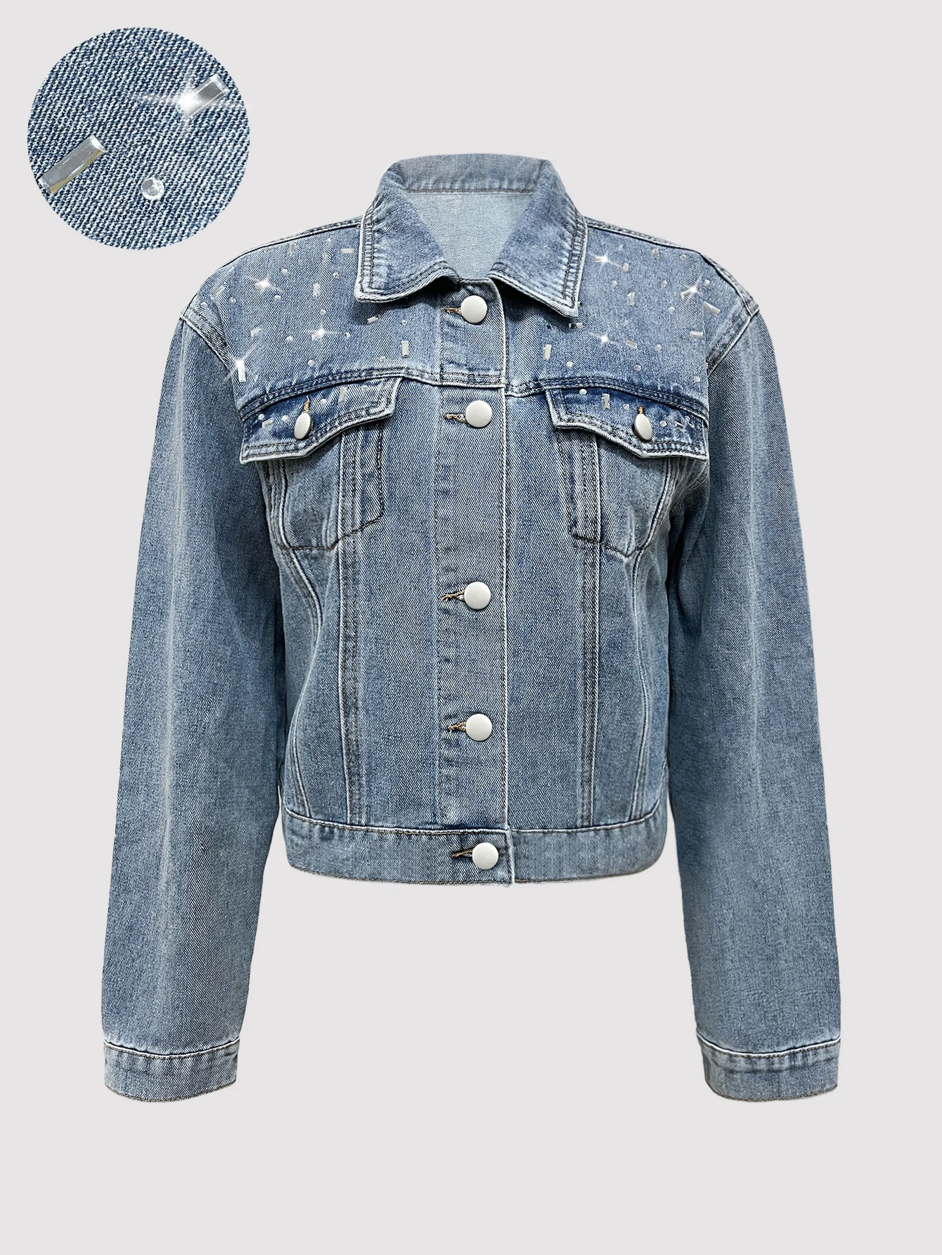 Women Rhinestone Studded Cropped Denim Jacket Lapel Button Pocket Vintage Washed Short Jean Coat Female Streetwear Spring Autumn - view 3