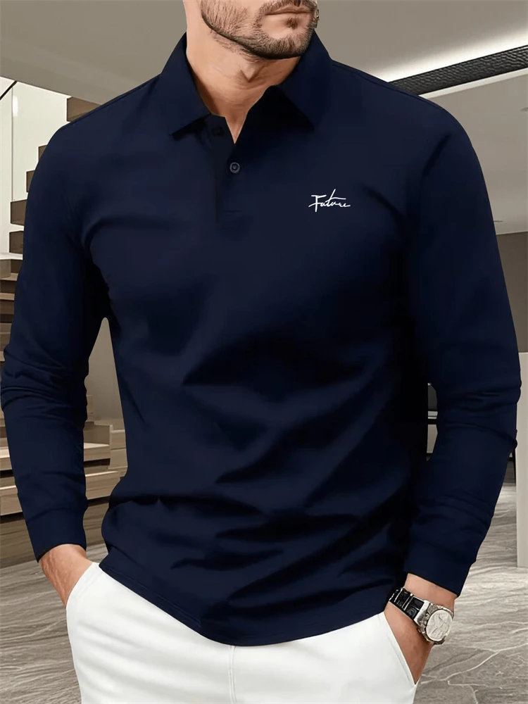 New Men's Stylish Autumn Polo Shirt Solid Color with Minimalist Print Collar Button Placket Loose Fit Business-Casual Style