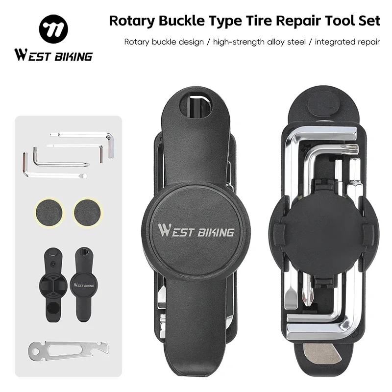 

Портативные инструменты для ремонта шин WEST BIKING, набор инструментов для ремонта шин с вращающейся пряжкой и заплатой для ремонта шин, аксессуары для велосипеда