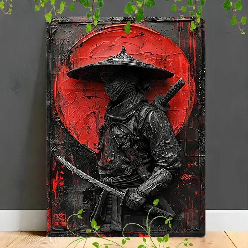 2D Vintage Japanese Ninja Samurai Wall Plaque Sign Metal Iron Plate Painting Print Decorative Tin Sign Garden Home Decor Signs