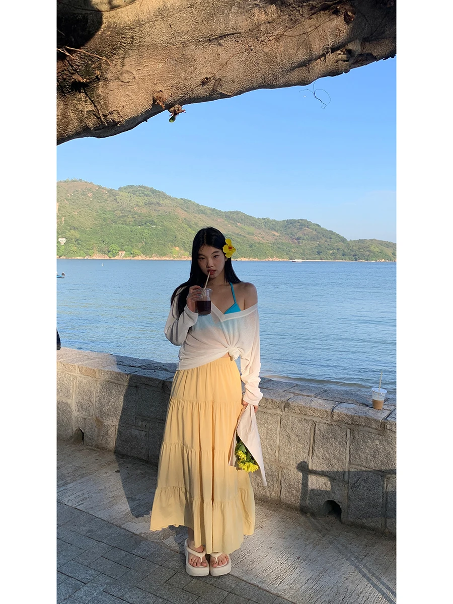 

Ele Yellow A-Line Skirt Women's High Waist Long Skirt Spring New Arrival Polyester Viscose Fiber Commute Sle Pure ...