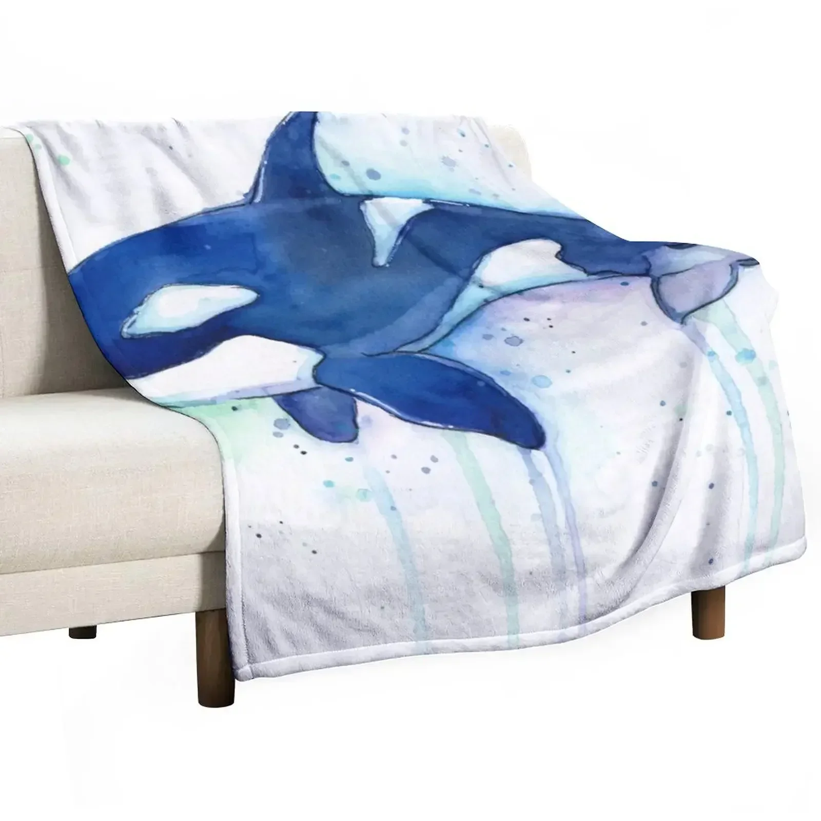 

New Killer Whale Orca Watercolor Throw Blanket Soft Solid Color Blanket for Couch Bed