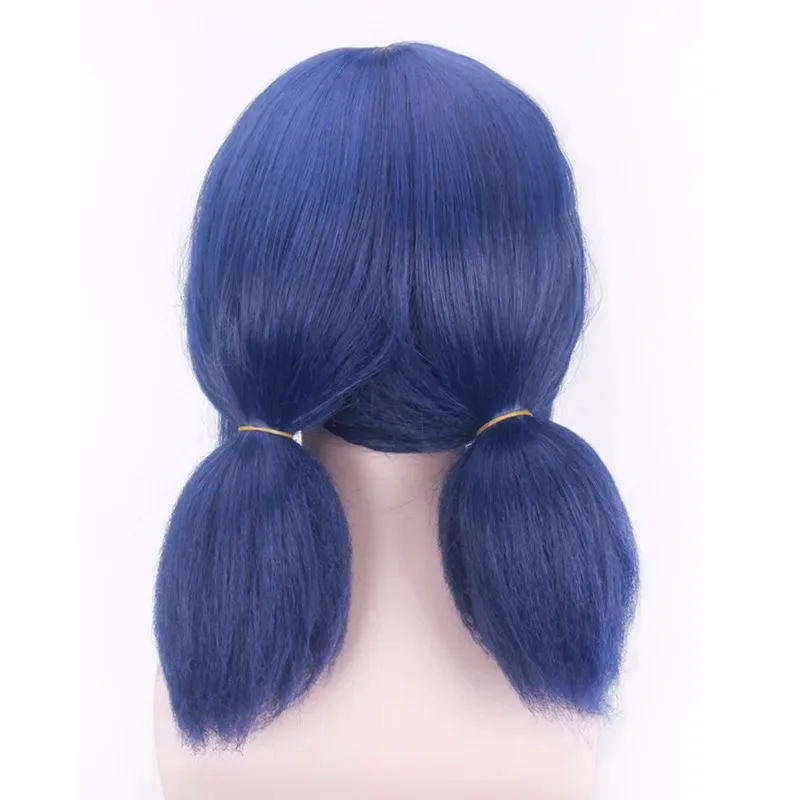 Anime lb perucas peluca marinette peruca cosplay duplo rabo de cavalo curto reto azul resistente ao calor perucas de cabelo sintético + peruca boné