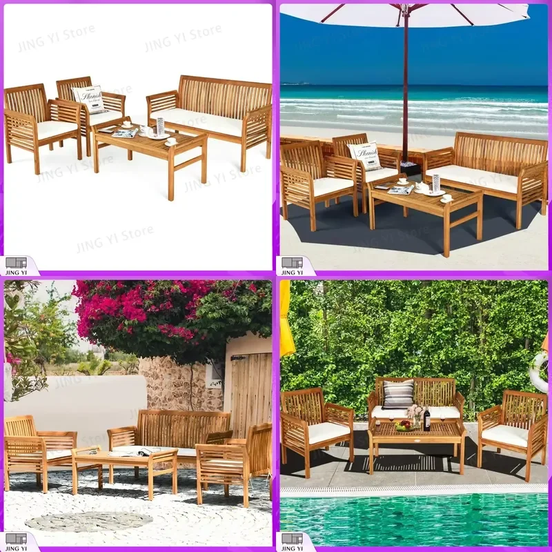 4 Piece Outdoor Acacia Wood Sofa Set with Water Resistant Cushions Patio Conversation Table Chair Set Coffee Table for Garden
