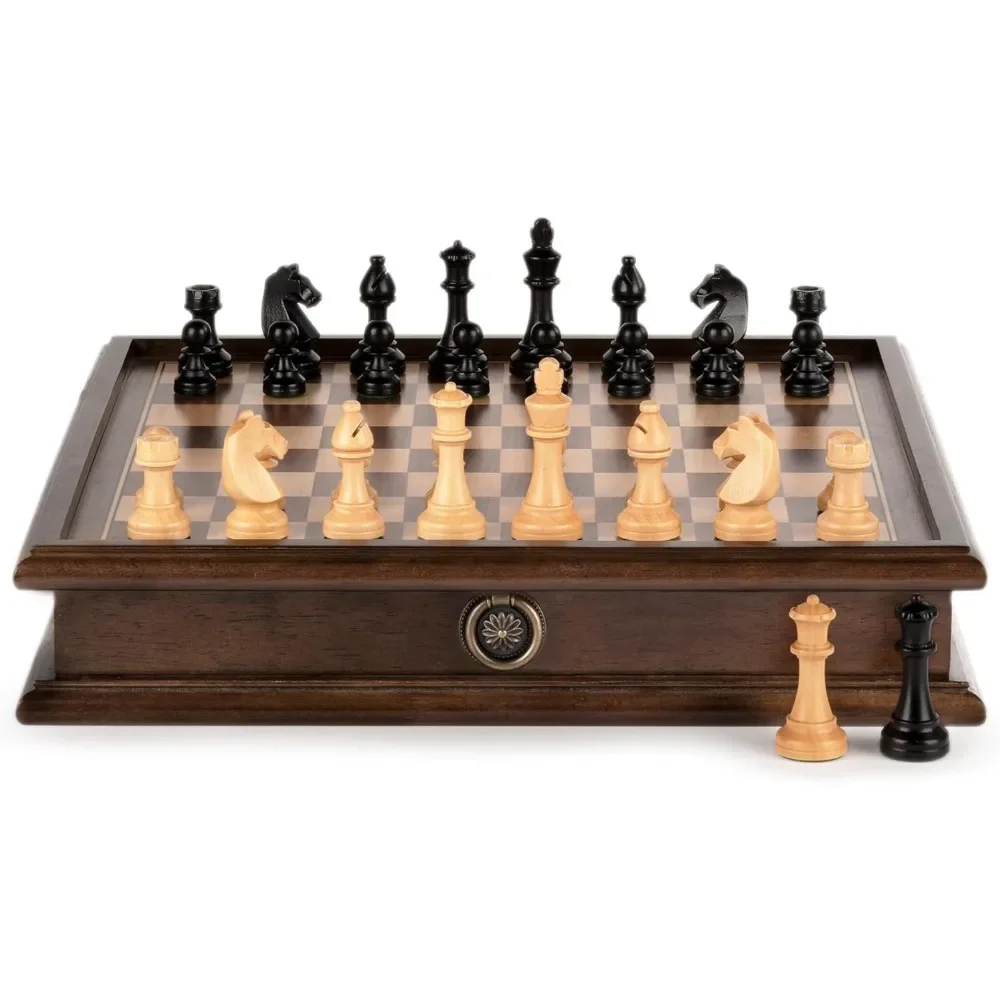 

Chess Set w/Dual-Sided Storage Drawer/Weighted Chess Pieces - 3.0 inch King Height/ 2 Extra Queen, 15 inch Solid Wood