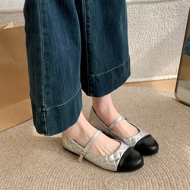 

Lady's new spring and autumn leather low-heeled checkered button-up color-block round-toe Mary Jane pumps