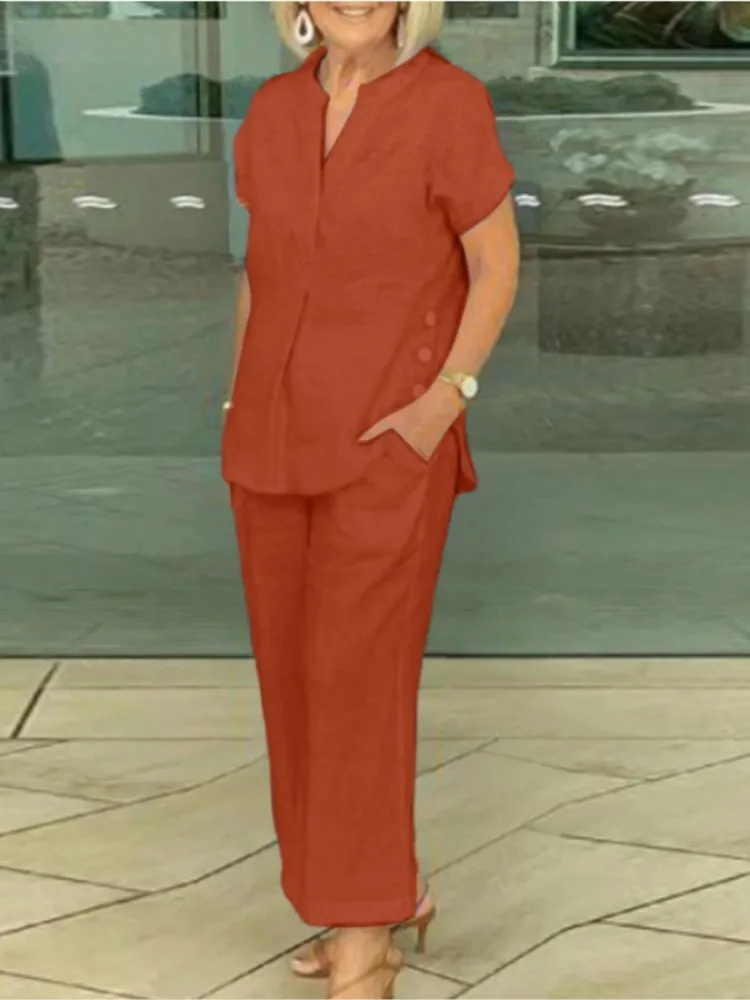

Модный топ с v-образным вырезом и короткими рукавами + широкие брюки, комплект из 2 предметов для женщин, элегантный летний однотонный свободный повседневный женский костюм