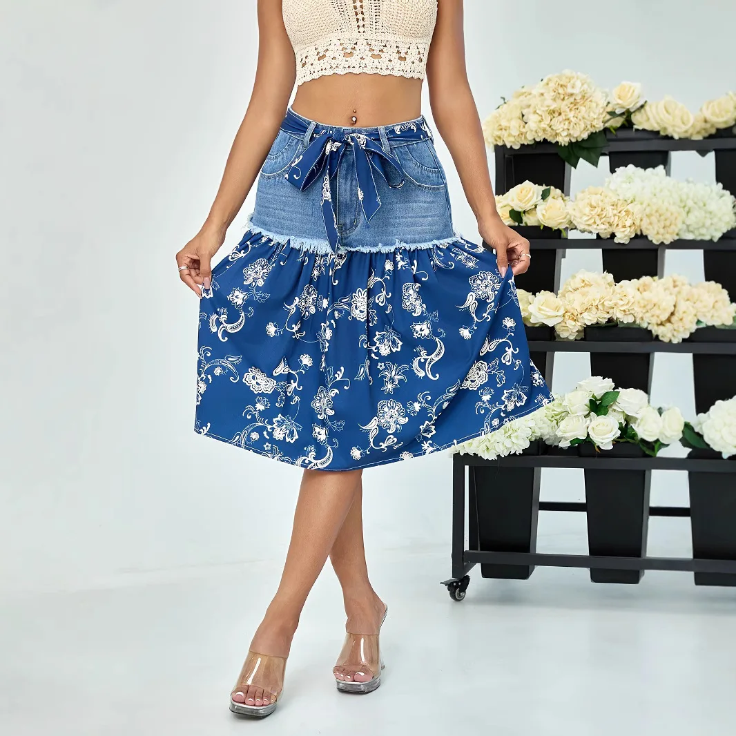 

strappy denim spliced chiffon swing skirt bohemian floral umbrella skirt women