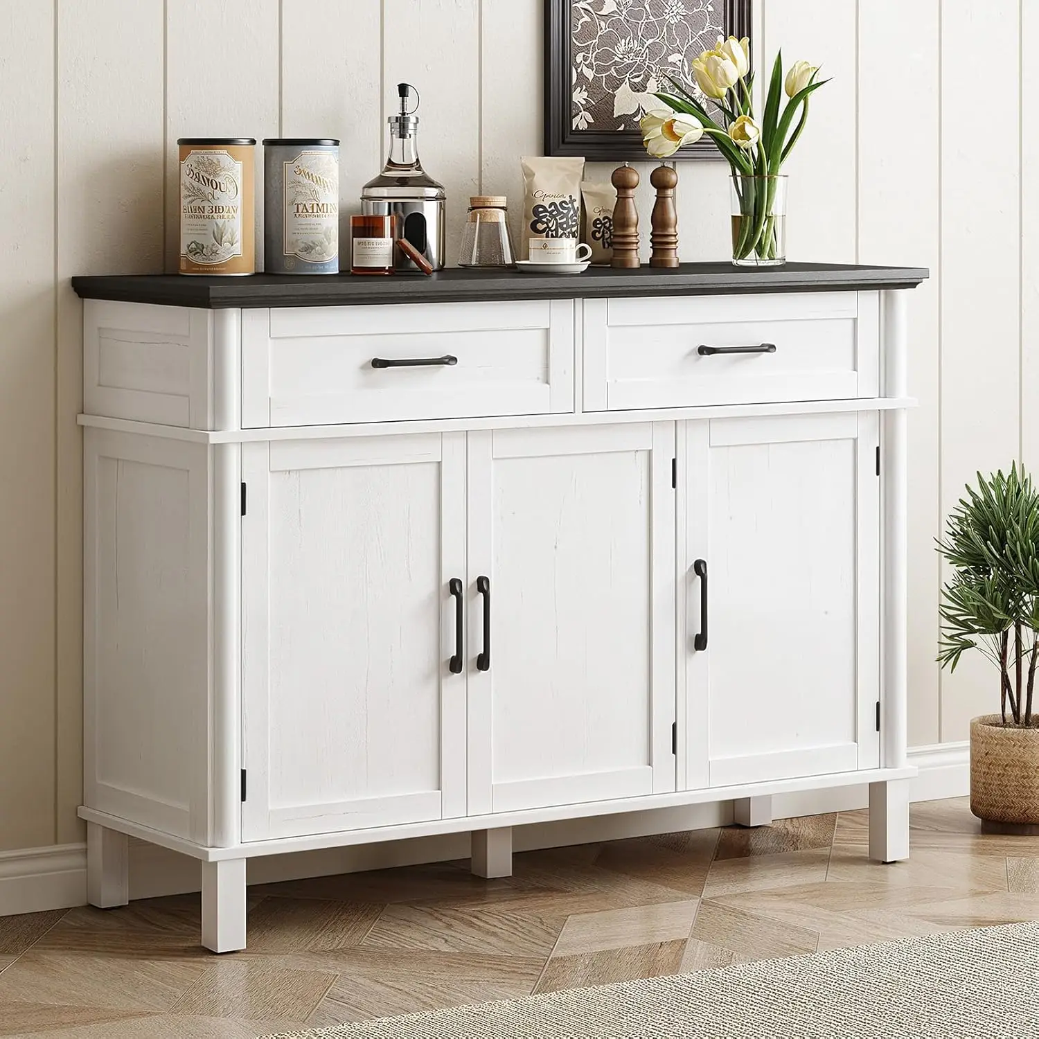 Storage, Farmhouse Sideboard Cabinet w/2 Drawers and 3 Doors, Wood Coffee Bar Cabinet with Adjustable Shelves, Storage Cabinet f