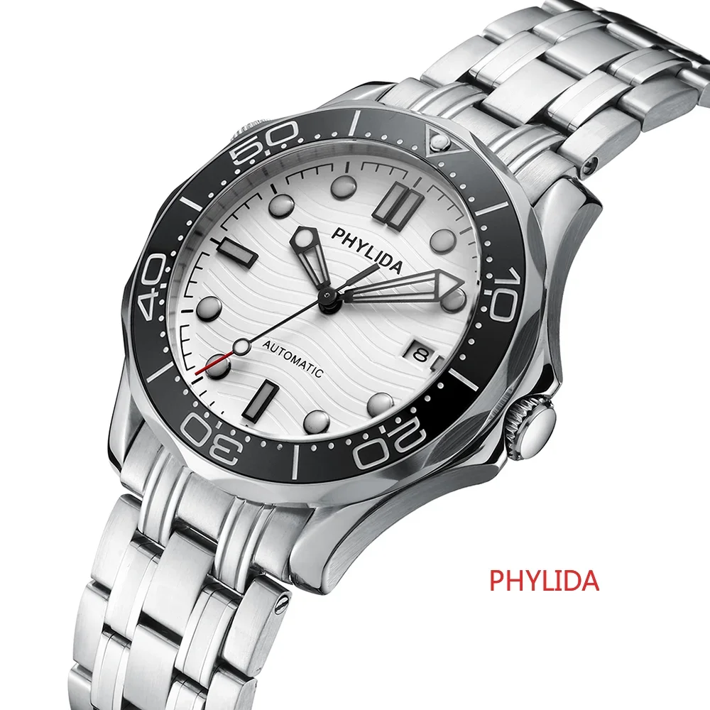 PHYLIDA 40mm White Dial JAPAN MIYOTA Automatic Watch Style Sapphire Crystal Lume Bezel Solid Bracelet 200M Water Resistant