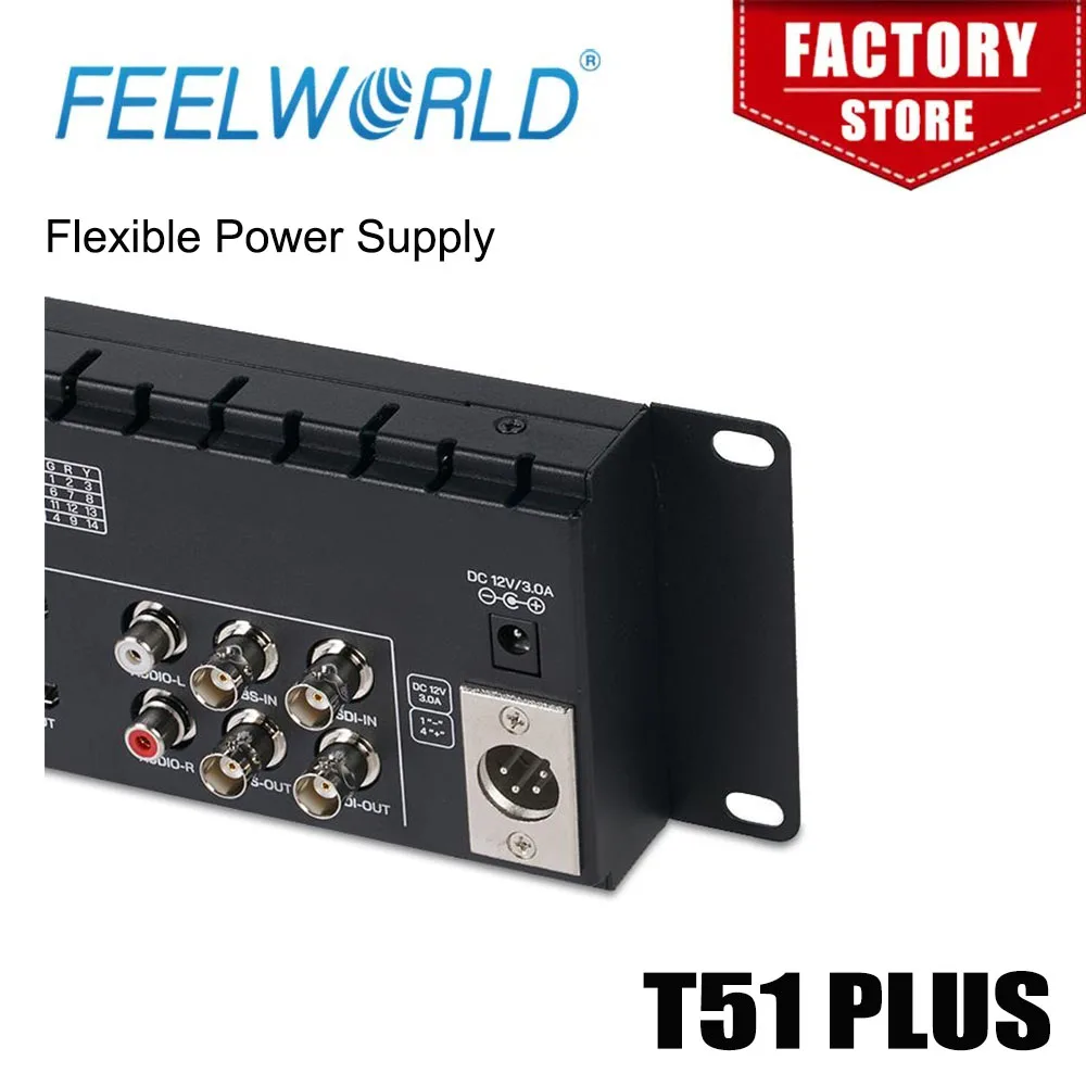 شاشة FEELWORLD T51 PLUS ثلاثية 5.5 بوصة 2RU Rackmount عالية الدقة 3G-SDI 4KHDMI AV مدخل ومخرجات 1920x1080 شاشة تثبيت على الرف