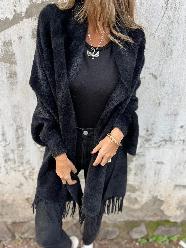 2024 Autumn and Winter Imitation Mink Cloak Tassel Shawl Solid Color Thickened Warm Bat Women\'s Wool Coat Fur Coat Hood Coat