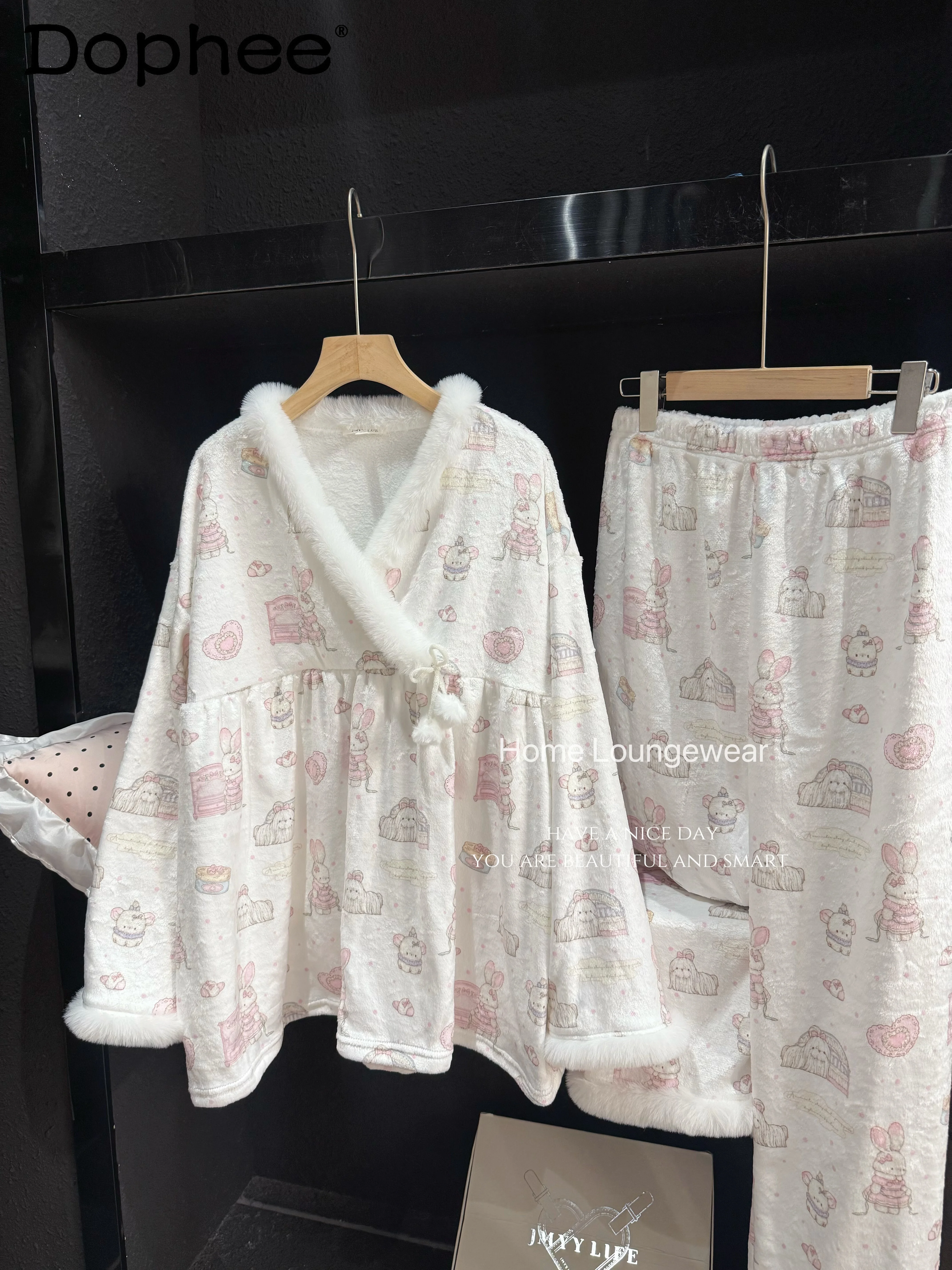 

2025 New Japanese Style Ins Long Sleeve Warm Pajamas for Women Autumn Winter Thick Sweet Cute Homewear Coral Fleece Set Winter