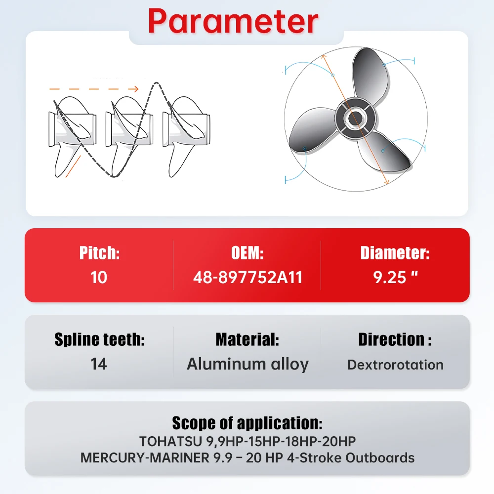 Outboard Propeller For Tohatsu Mercury 9.9hp 15hp 20hp 9.25*10 Boat Aluminum Alloy Screw 3 Blade 14 Spline Marine Engine Part