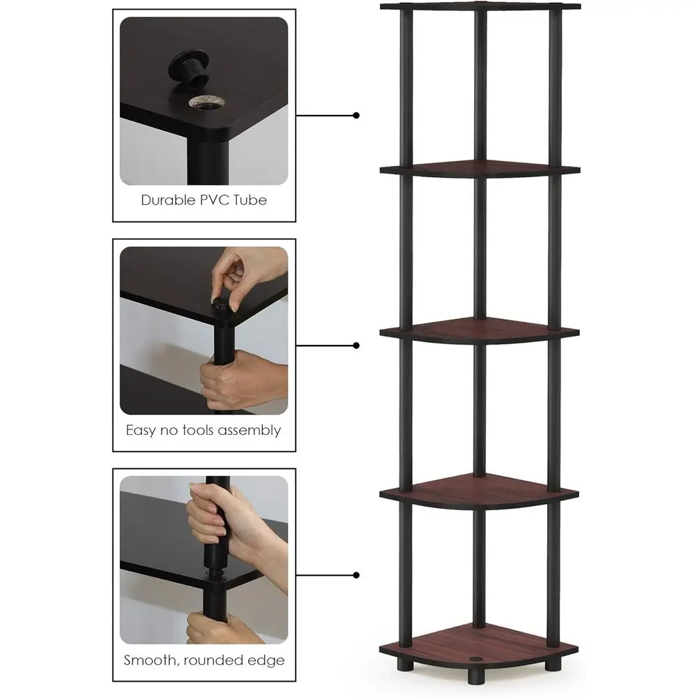 5-Tier Dark Cherry Corner Bookshelf - Open Storage for Home, Office, and Garage Organization