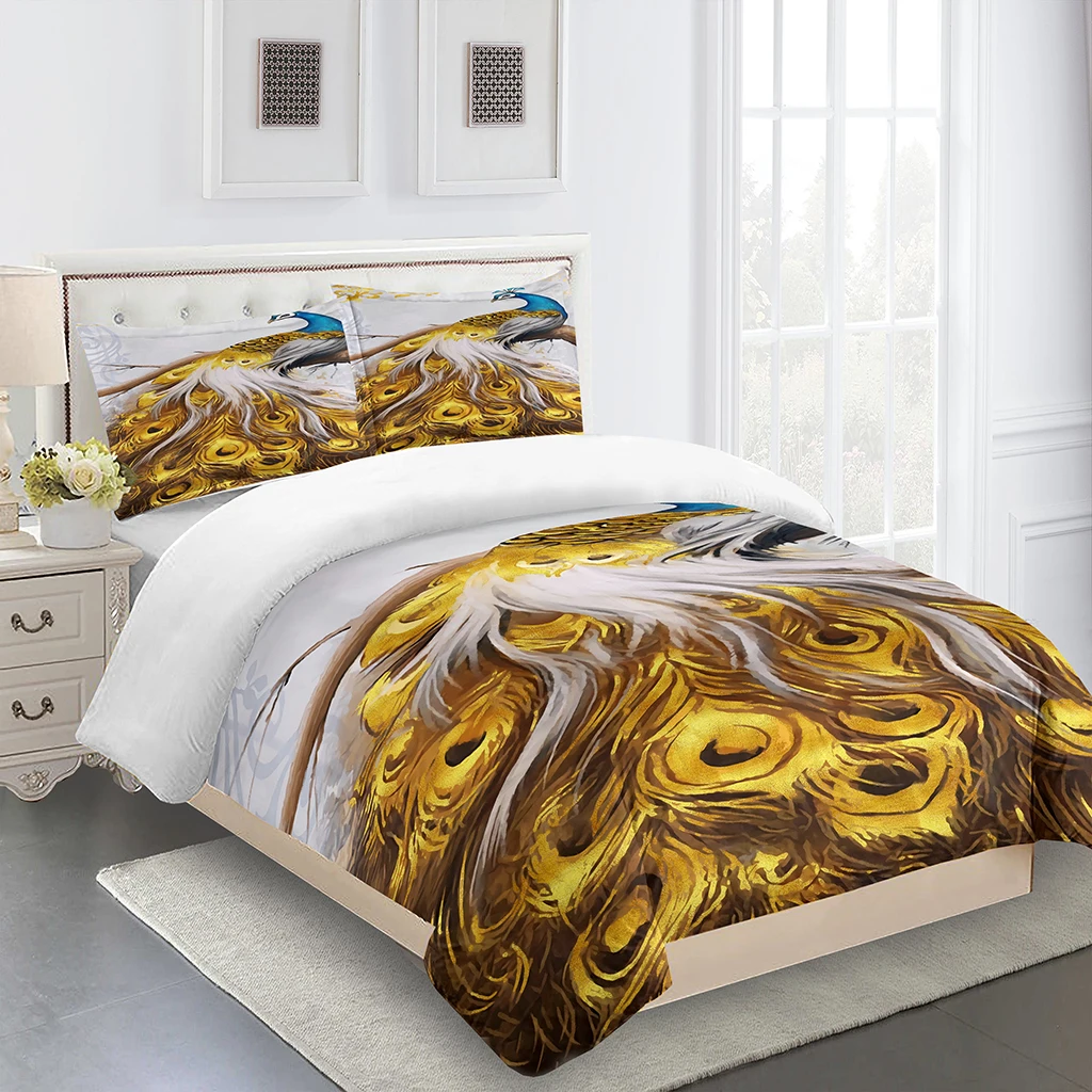 

3Pcs Luxury Gold Peacock Animal King Queen Full Size Duvet&Quilt Cover Pillow Case Bedding Linen Set Bedspread200x200 240x220