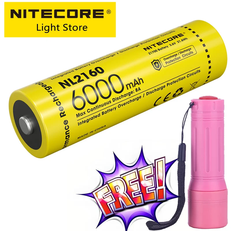 

Nitecore NL2160 21700 6000mAh 8A 3.6V 21.6Wh Protected Li-ion ButtonTop high-performance Rechargeable Battery + FREE Flashlight