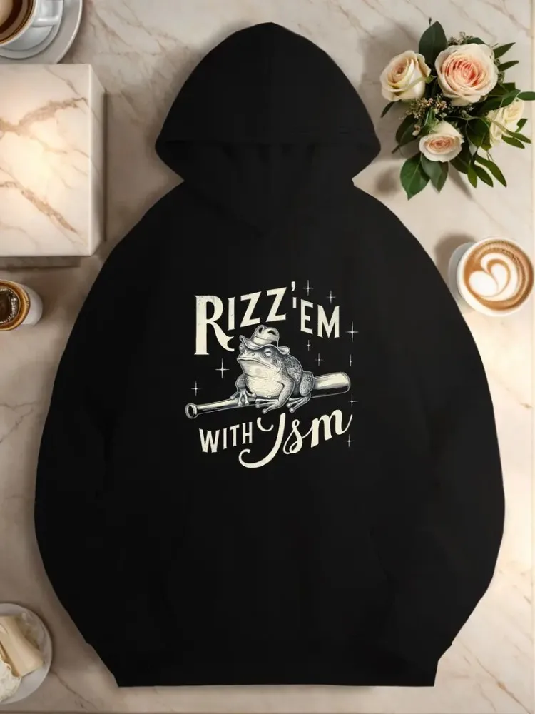 هوديس نسائي مقاس كبير RIZZEM مع رسم Ism نمط كاجوال بطول عادي من البوليستر وأكمام طويلة بدون رباط قماش Y2k