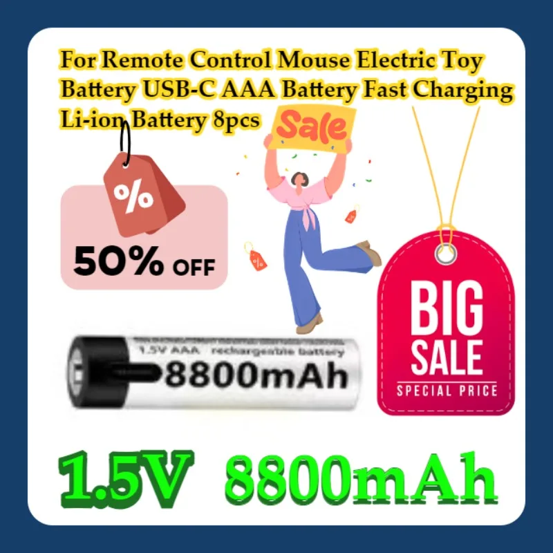 

For Remote Control Mouse Electric Toy Battery USB-C 1.5V AAA 8800mAh Battery Fast Charging Li-ion Battery 8pcs