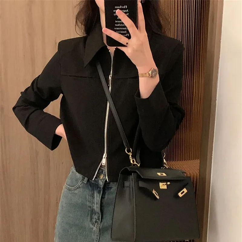 2024 New Short Coat Women\'s Spring  Autumn Slim And Simple Elegance Versatile Design Sense Shoulder Padded Cardigan Short Top