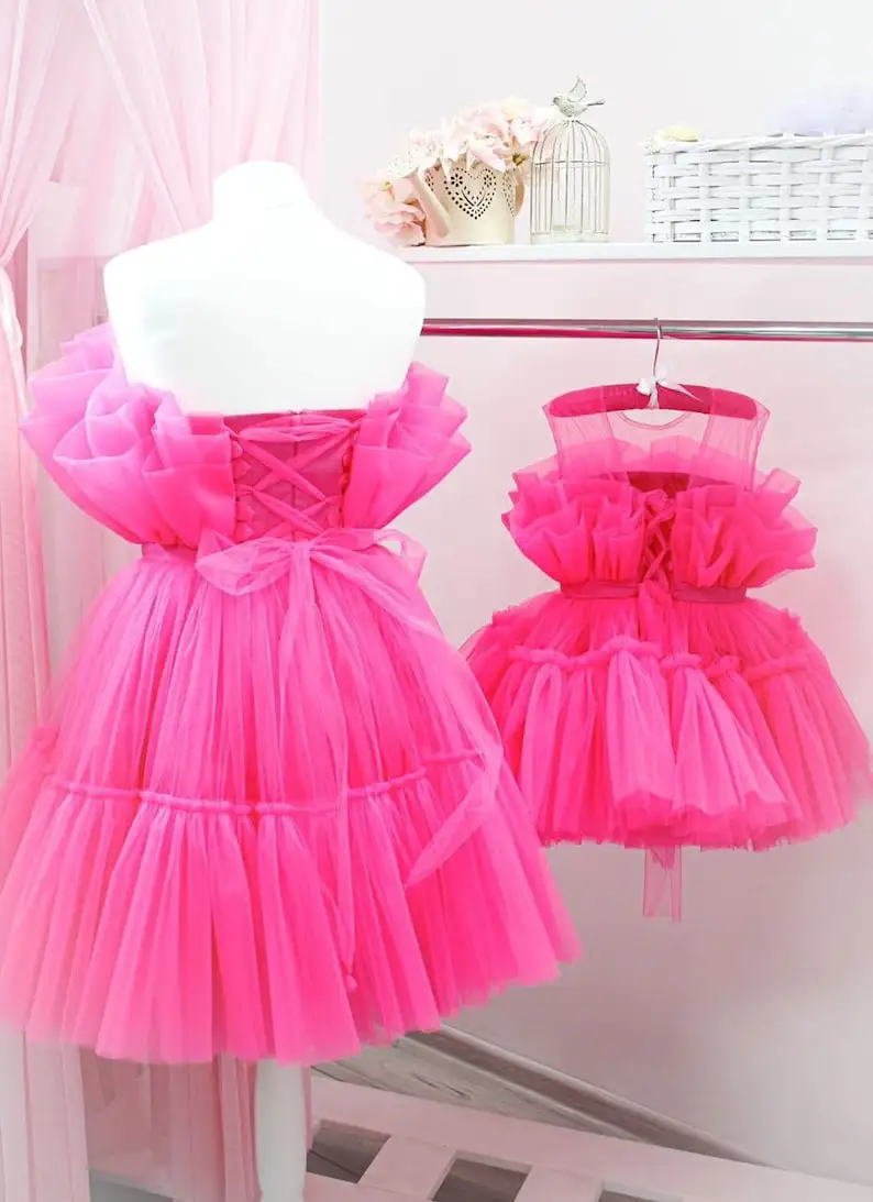 Strapless Hot Pink Tulle Mother and Daughter Dresses for Photoshoot or Party Short Mom and Me Dress Ruffles Lace up Back