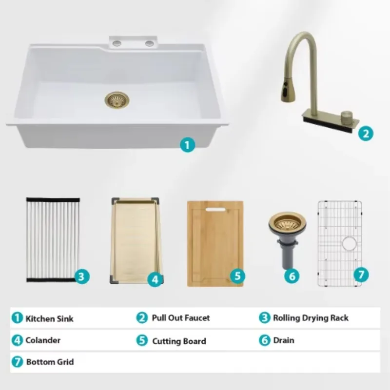 

ATV White Composite Quartz Granite Kitchen Sink 33x22 Inch Single Bowl Undermount Sink With Drainboard For Modern Kitchen