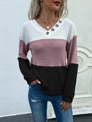 JIM & NORA New Fall 2023 Long Sleeve Pullover Matching Color V-neck Waffle Knit Women Sweater Blusa Pullover Feminina Sweatshirt