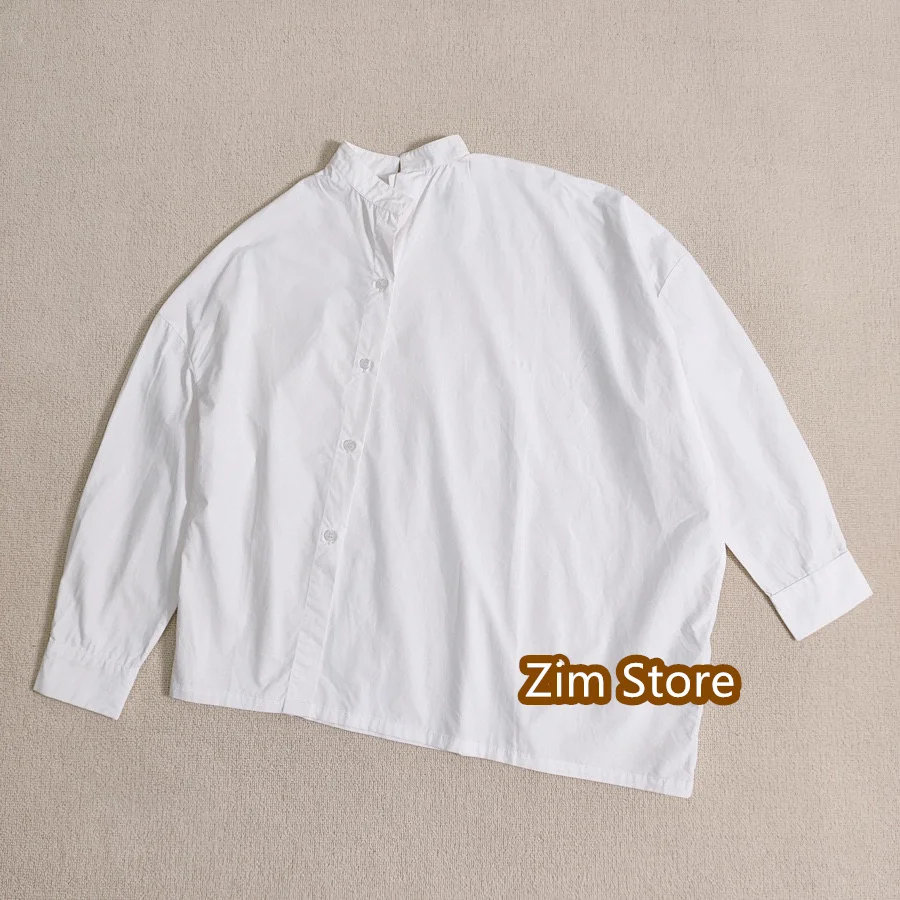 Brand-Tot Women Shirt Blouse Cotton White Dissymme Front Button Full Sleeve Casual Vintage Oversize Stand Collar