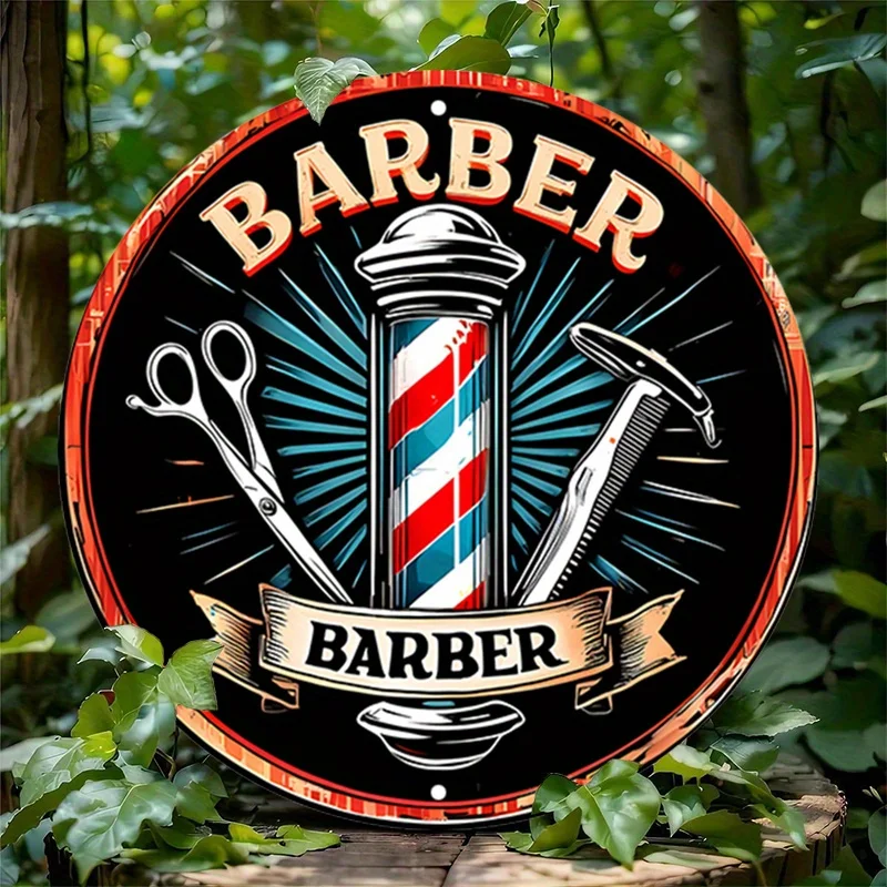 [مسطح 21D] قطعة واحدة من لافتة ألومنيوم مستديرة لصالون الحلاقة - ديكور حائط معدني مستوحى من الطراز القديم مع مقص، ورسوم توضيحية لشفرات الحلاقة، P