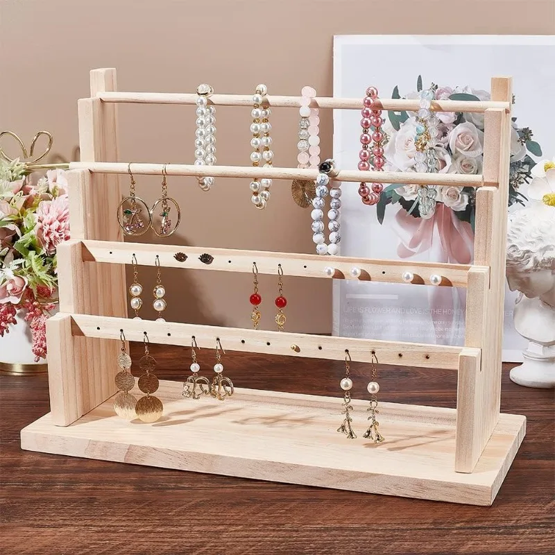 1set 4-Tier Wooden Earring Display Stand 28 Holes Wood Earring Jewelry Display Rack Jewelry Holder for Earring Necklace