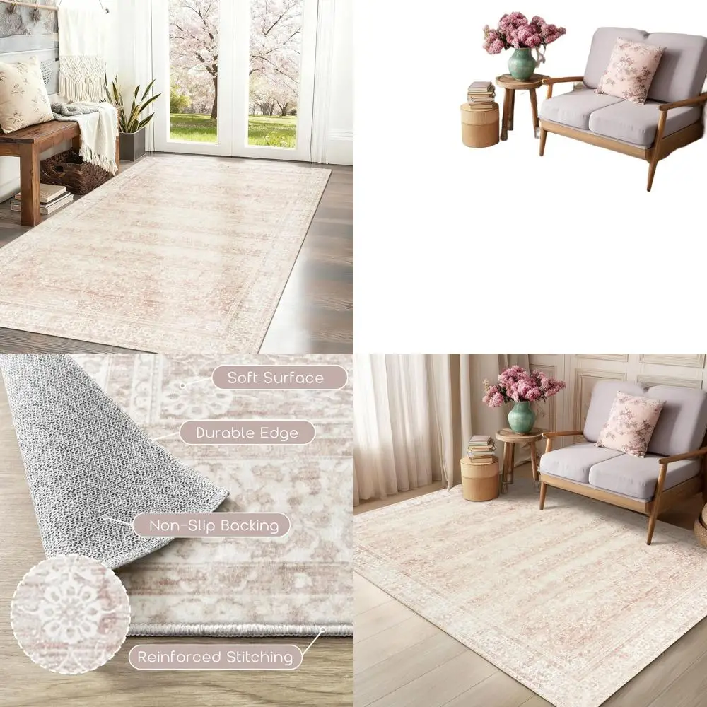 

Vintage Pink Rug 4x6 Washable Non Slip Floral Aesthetic Indoor Rugs for Entryway Kitchen Low Pile Carpet for Laundry Room Bathro