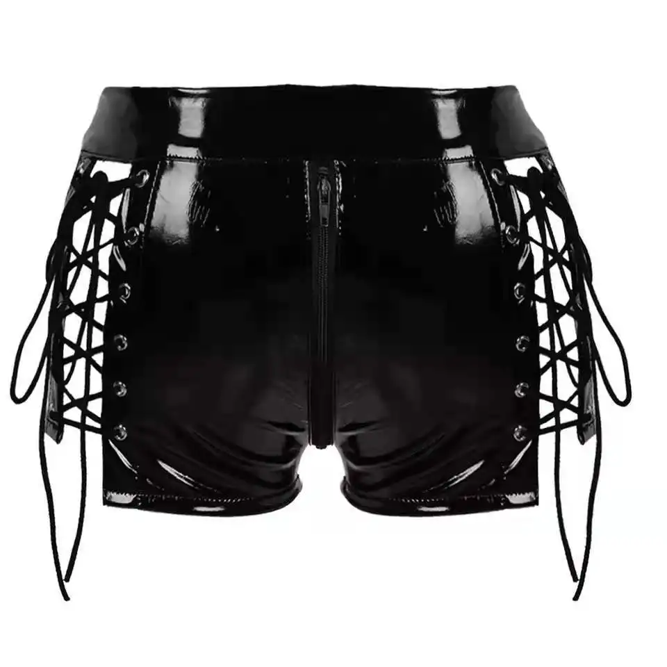 New Slim Women's Low Waist PVC Leather Shorts Summer Casual Sexy Short Pants Zipper Crotch Clubwear Black Femme Trousers