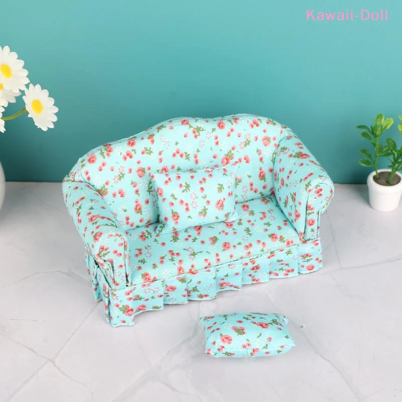 1 Set 1:12 Dollhouse Double Sitting Sofa With Pillow Kit Doll House Furniture Simulation Miniature Living Room Pretend Play - view 4