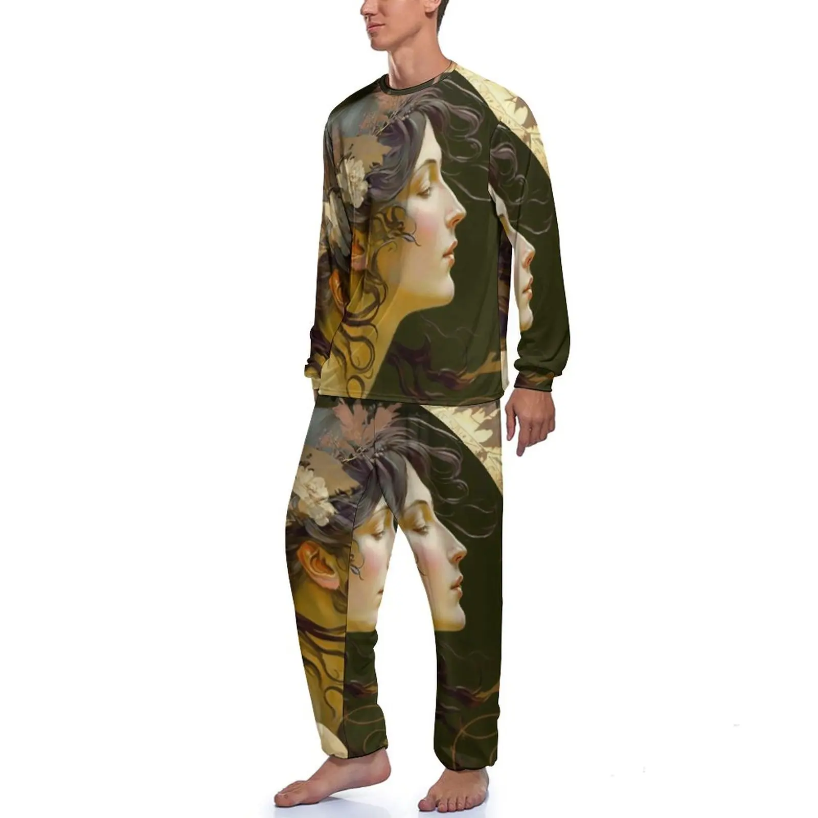 Art Nouveau Lady Pajamas Long Sleeves Retro Print 2 Piece Casual Pajama Sets Winter Men Custom Cute Nightwear