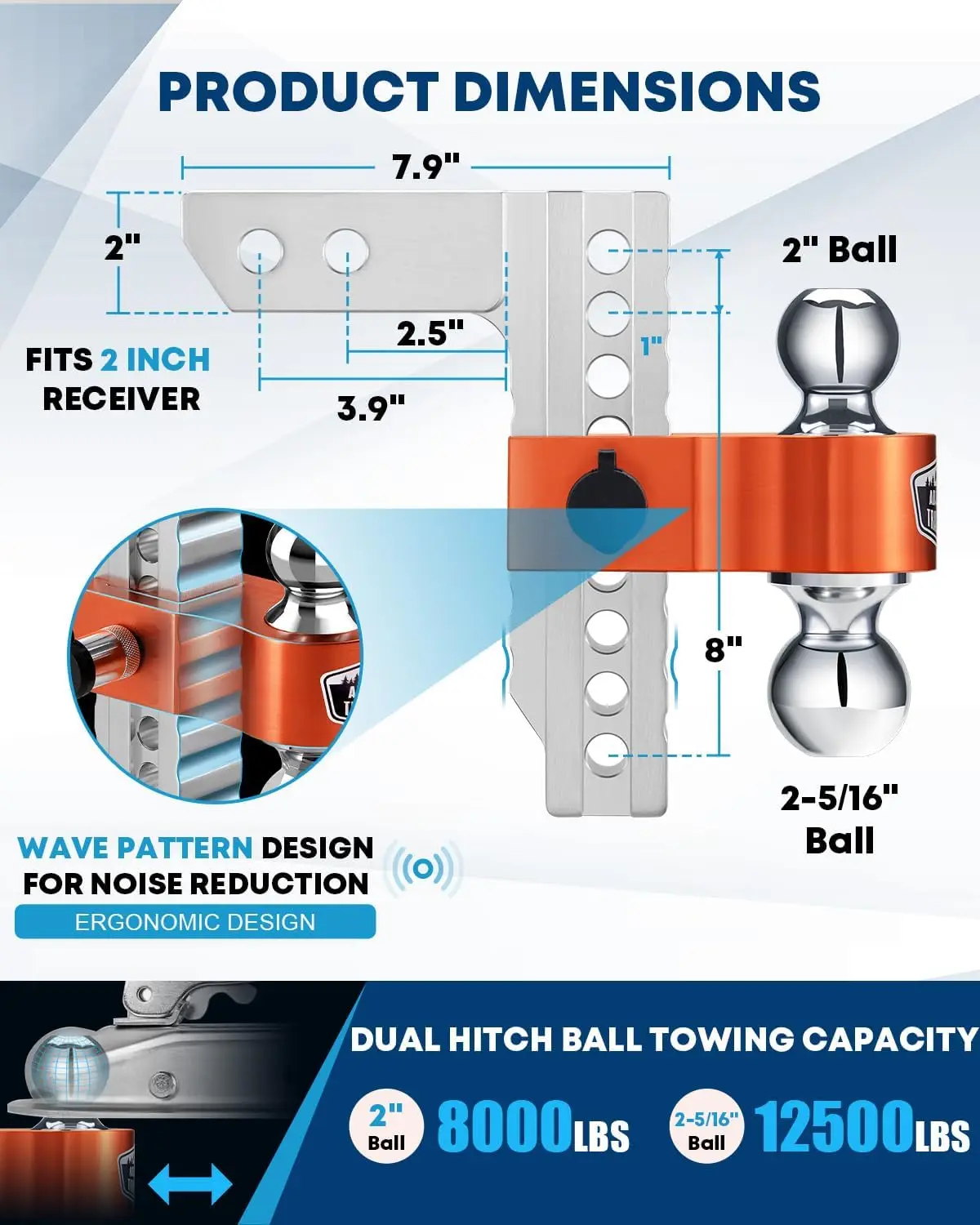

Adjustable Trailer Hitch Fit 2 Inch Receiver, Dual Solid Ball 2" and 2-5/16"(12,500 LBS GTW), 8" Drop & Rise Heavy Duty Aluminum