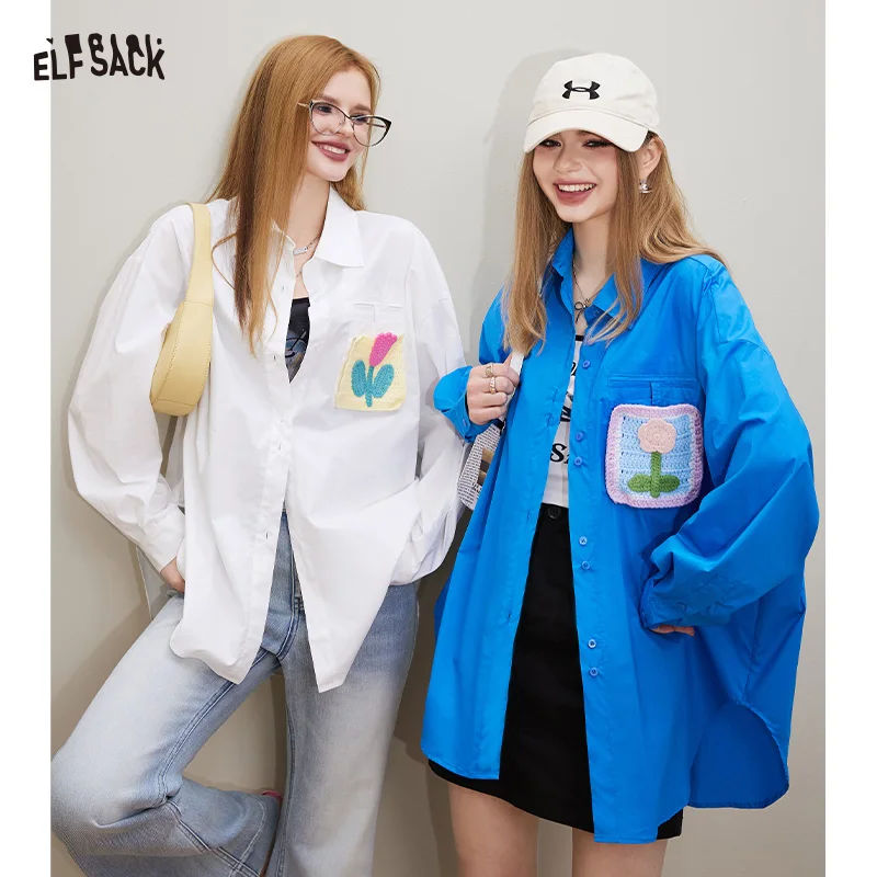 엘프삭 2025 여름 신상 데일리 루즈핏 캐주얼 그래픽 블루 긴팔 셔츠 (여성용)