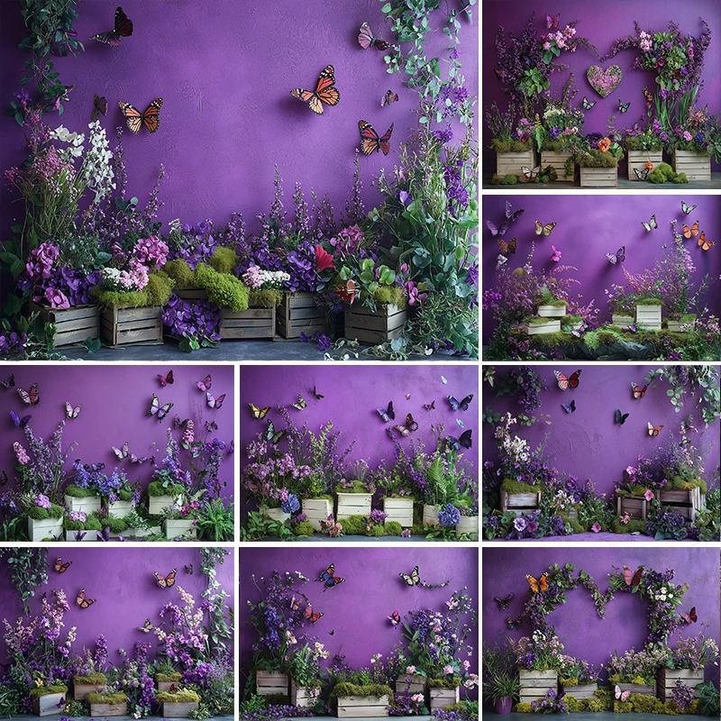 

Photography Background Spring Floral Butterfly Purple Wall Decor Wedding Birthday Maternity Child Portrait Photo Backdrop Studio