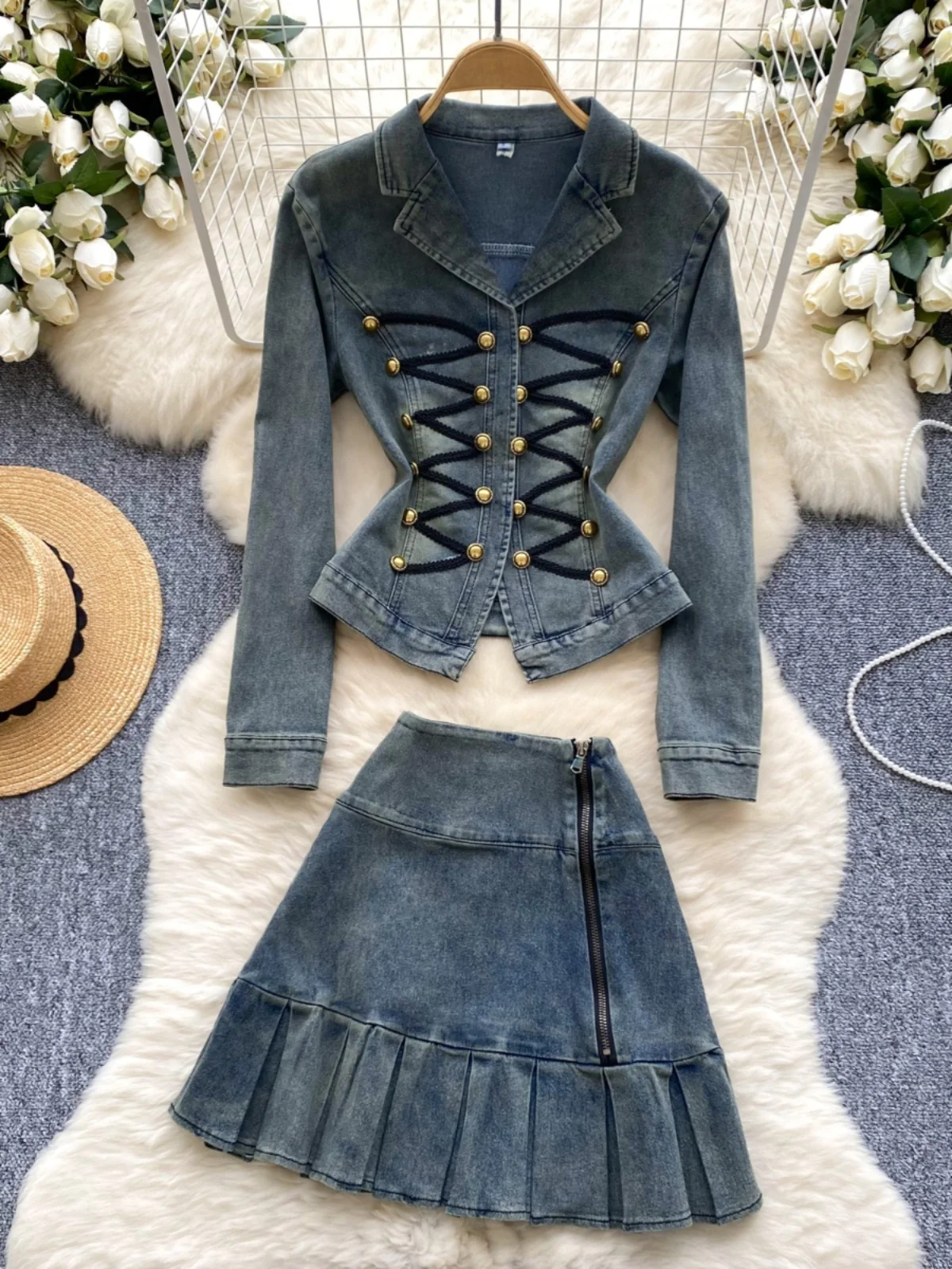 

Spicy American Girl Set Women's Metal Bule Lace Embroidery Turn-down Collar Denim Jaet Wrap-around Skirt f-length
