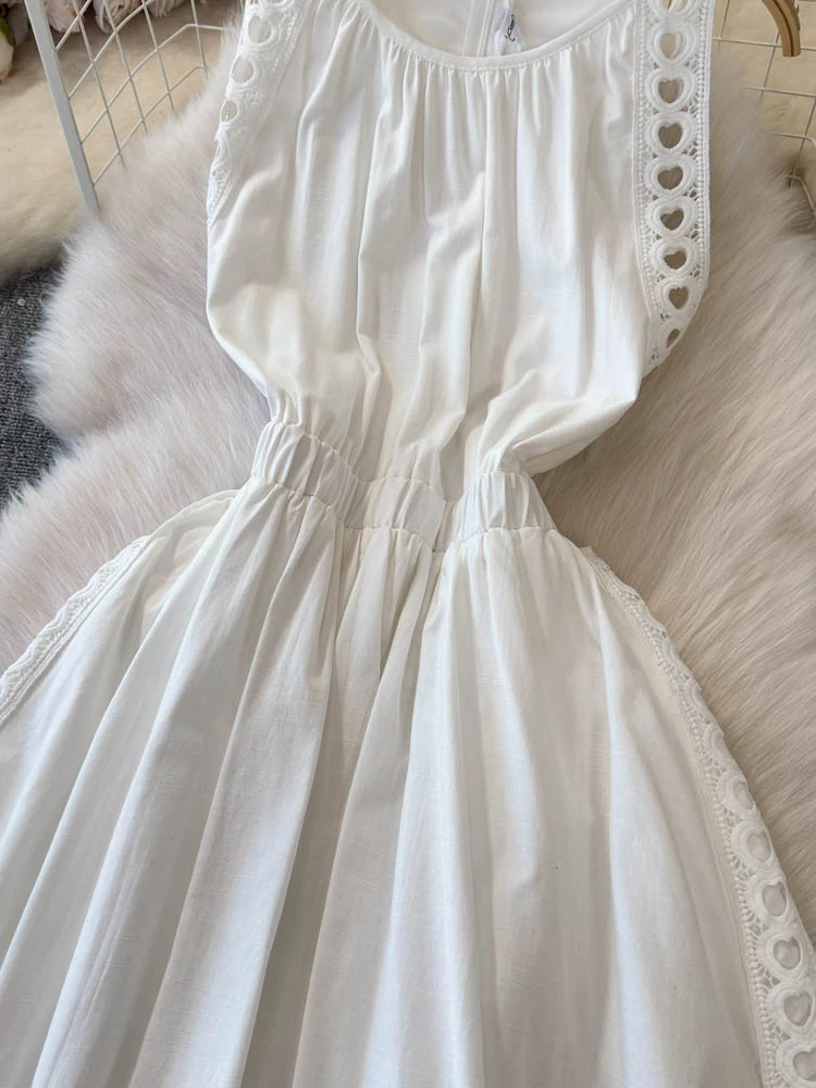 Elegante scava fuori le donne abito bianco senza maniche o-collo a-line abito lungo da festa 2025 Corea moda estate abiti a vita alta