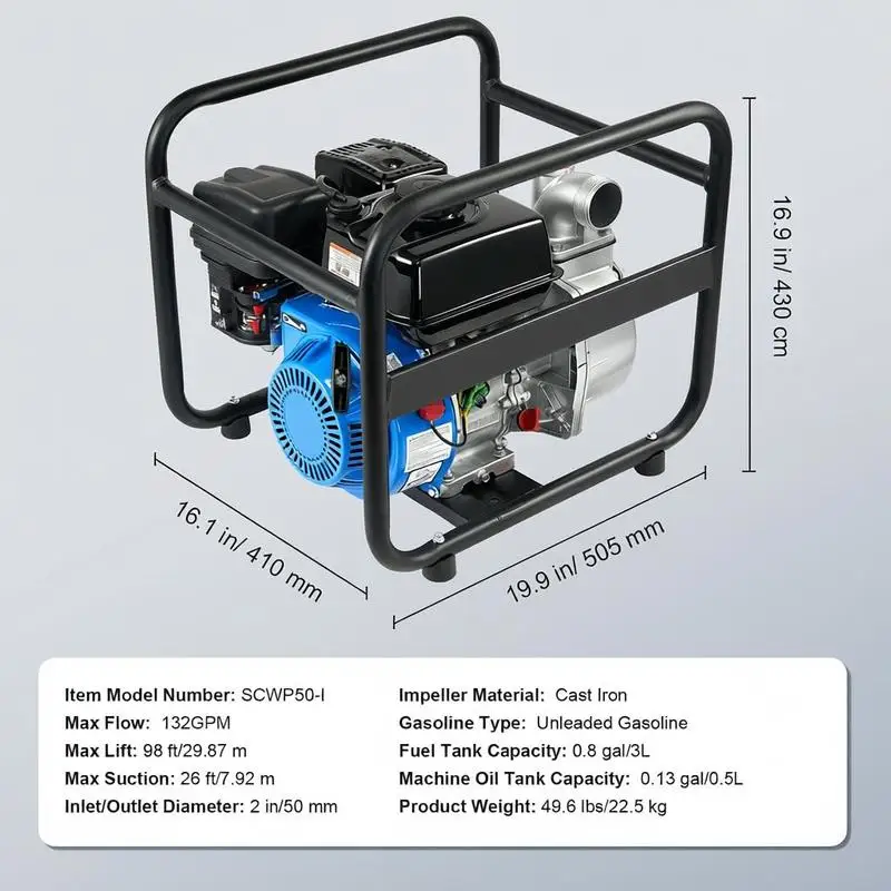 Gasoline Powered Trash Pump, 2 in/50 mm, 6.5HP 132 GPM 4-Stroke Gasoline Engine Water Transfer Pump with 98 ft Max Lift 26ft Max Suction Inlet Filter, Cast Iron Impeller for Irrigation Pool - view 5