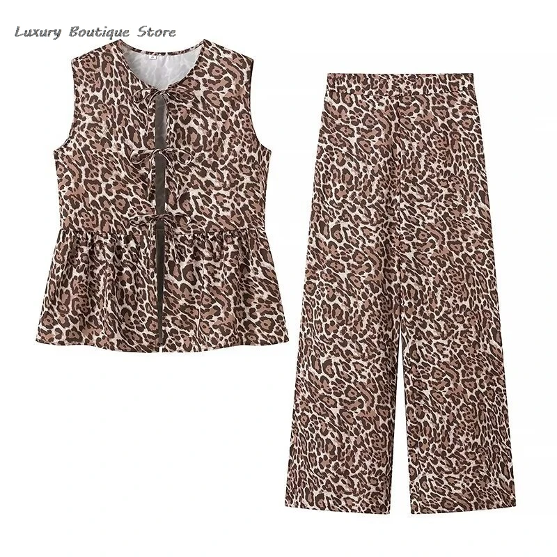 Traje Retro con estampado de leopardo para mujer, chaleco sin mangas y Pantalones rectos, conjuntos de 2 piezas, moda urbana, traje informal de verano, 2024